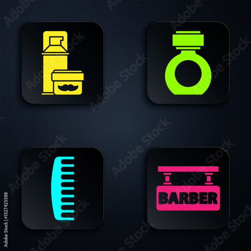 Set Barbershop, Shaving gel foam, Hairbrush and Aftershave. Black square button. Vector