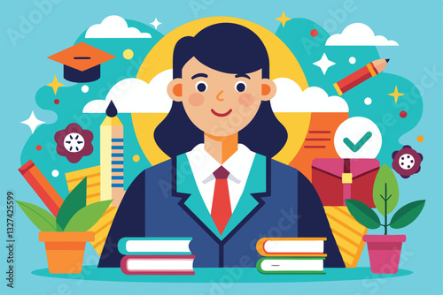 A cheerful teacher stands with books and plants, surrounded by vibrant educational icons and symbols, Teacher Customizable Disproportionate Illustration