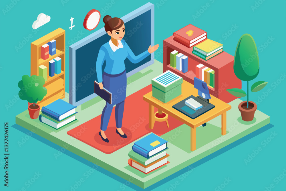 A teacher stands in a vibrant classroom, engaging students with various learning materials and resources, Teacher Customizable Isometric Illustration A teacher stands in a vibrant classroom, engaging students with various learning materials and resources, Teacher Customizable Isometric Illustration