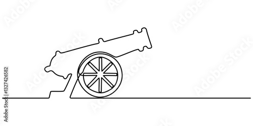 Single one line drawing of cannon ball weapon with arrow symbol bullet missile. Business finance growth minimal concept, Cannon one line drawing. Cannon continuous line. Army warfare equipment in  pro