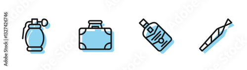Set line Whiskey bottle, Hand grenade, Briefcase money and Marijuana joint icon. Vector