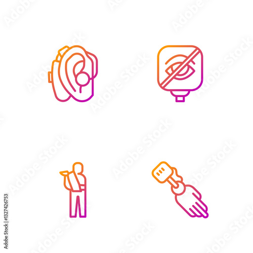 Set line Prosthesis hand, Human broken arm, Hearing aid and Blindness. Gradient color icons. Vector