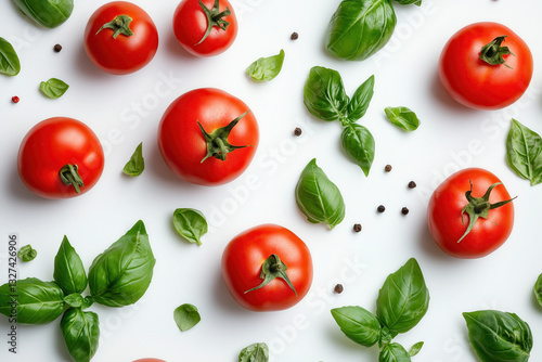 Fresh cherry and ripe tomatoes garnished with basil leaves and black pepper on a white background. summer background food photo, wallpaper, place for text