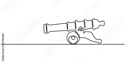 Single one line drawing of cannon ball weapon with arrow symbol bullet missile. Business finance growth minimal concept, Cannon one line drawing. Cannon continuous line. Army warfare equipment in  pro