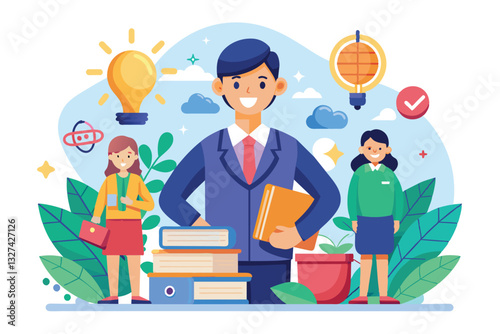 This illustration showcases three educators celebrating Teachers Day, radiating positivity and teamwork, Teachers' day Customizable Flat Illustration