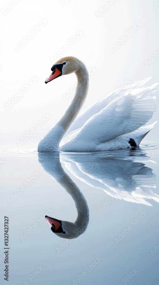 Obraz premium Elegant swan swimming in a lake surrounded by tranquil waters and greenery epitomizing grace and natural beauty