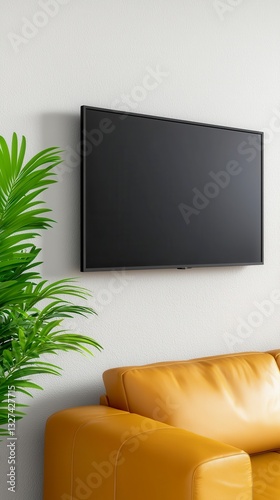 Modern empty living room showcasing a wall mounted tv with stylish leather furniture for contemporary design
