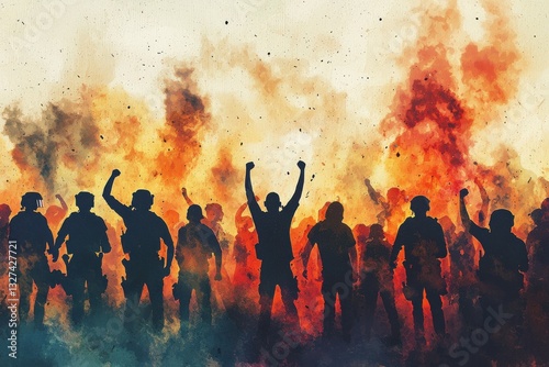 A powerful silhouette of protesters stands against a fiery backdrop, raising their fists in solidarity, evoking themes of resistance and social change through bold artistic representation.
