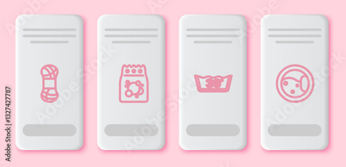 Set line Yarn, Laundry detergent, Temperature wash and Washer. White rectangle button. Vector
