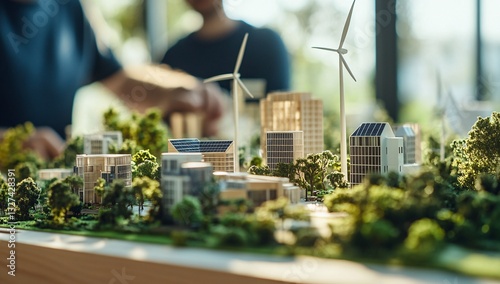 Fototapeta Naklejka Na Ścianę i Meble -  Engineers collaborating on sustainable architecture model with wind turbines, solar panels, and green building design in office