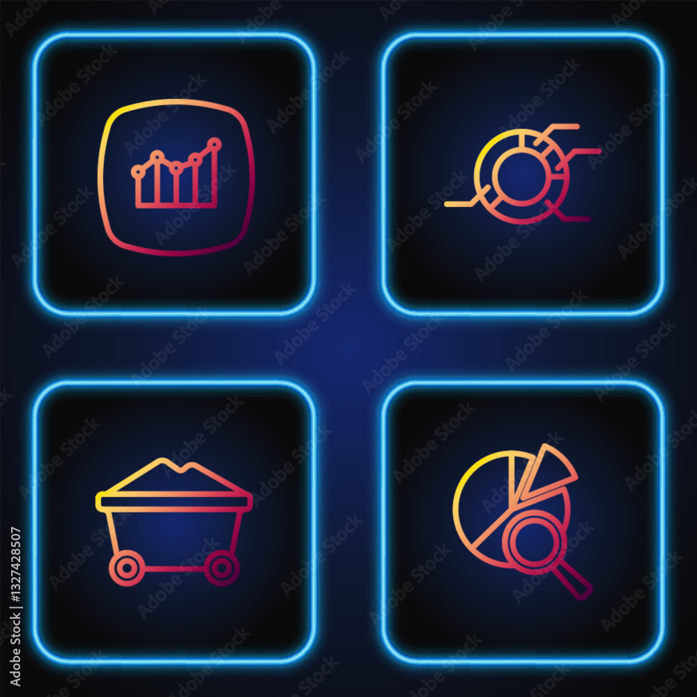 Set line Search data analysis, Coal mine trolley, Financial growth and Pie chart infographic. Gradient color icons. Vector Set line Search data analysis, Coal mine trolley, Financial growth and Pie chart infographic. Gradient color icons. Vector