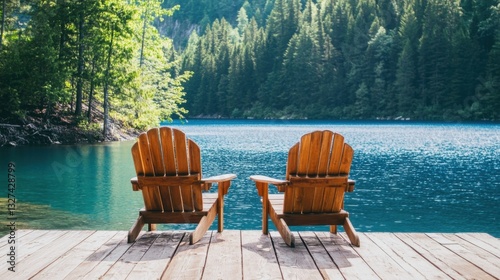 Scenic wooden dock with Adirondack chairs overlooking the lake