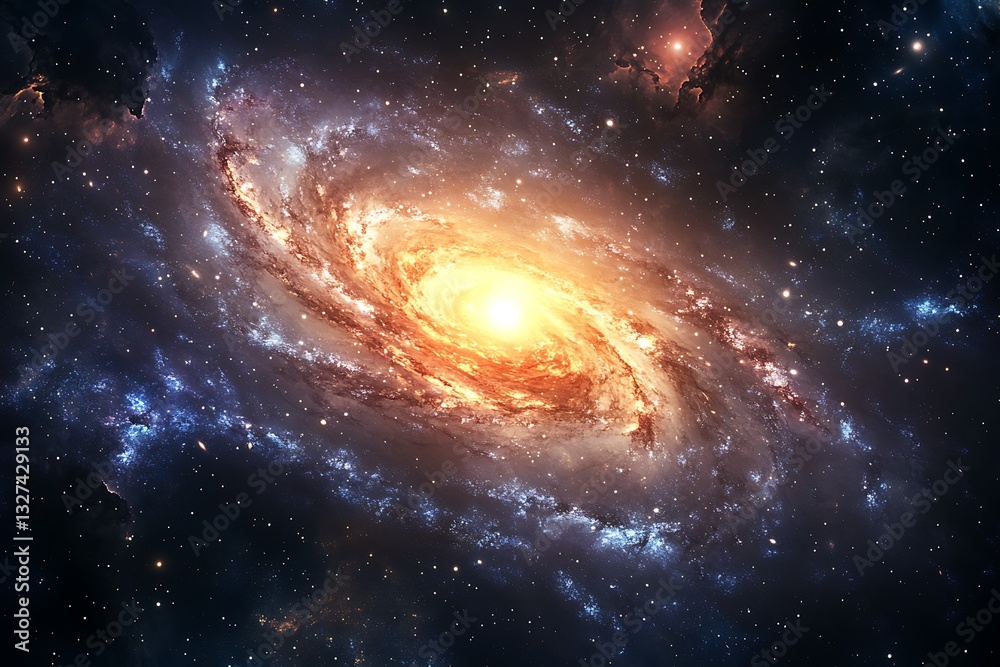 Fototapeta premium Star system with a radiant center star hugged by curling gas and dust flows in cosmic space glittery sky background with murky nebulae and far planets 