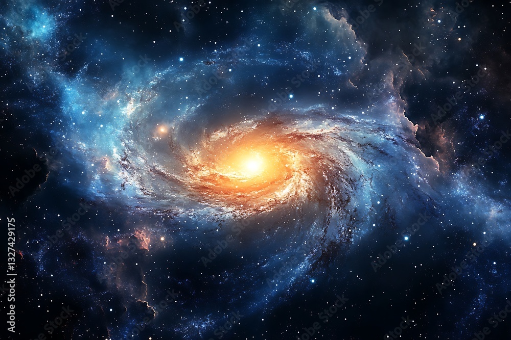 Fototapeta premium Galaxy featuring a bright hub star ringed by whirling gas and dust waves in outer realm sparkling sky setting with dim nebulae and distant orbs 