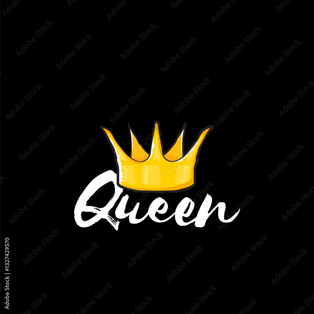 Queen Golden Crown with White Script Typography, Elegant Symbol of Royalty and Feminine Power on Black Background, Perfect for Luxury Design and Digital Art Projects