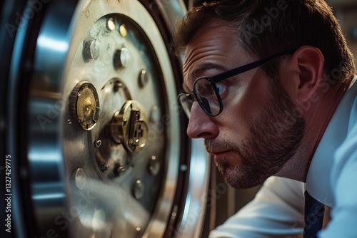Serious Businessman Inspecting Old Metal Safe Security Vault Door Close Up Detailed View key bank lock money steel retro focus image photo wealth      photo