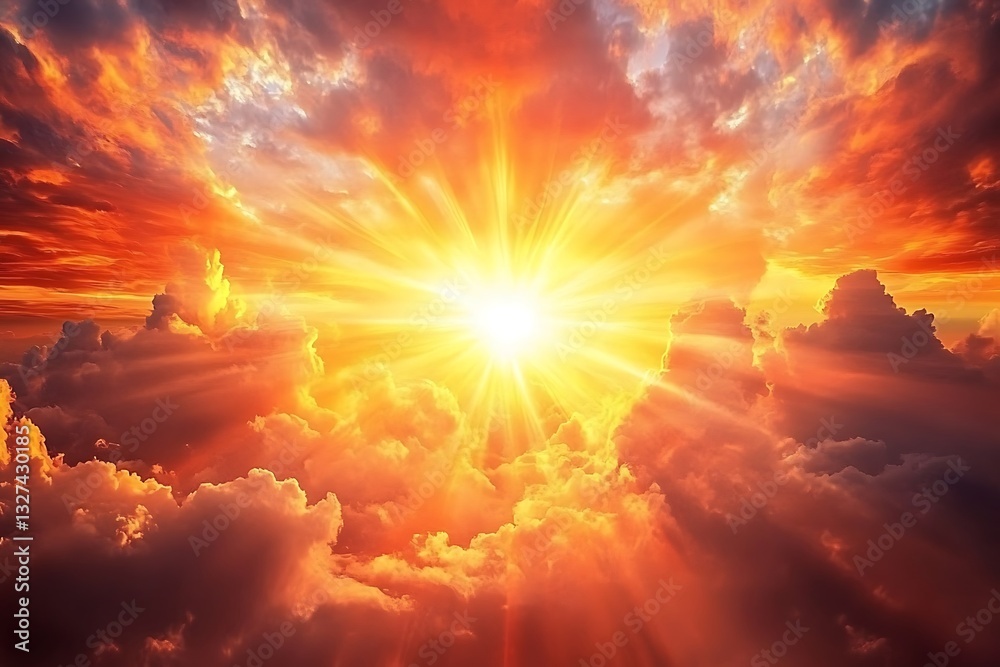 Obraz premium Shining evening sky with beams cutting dark clouds bright sky of orange red shades fine nature view strong glow hopeful vista sacred vibe quiet serene 
