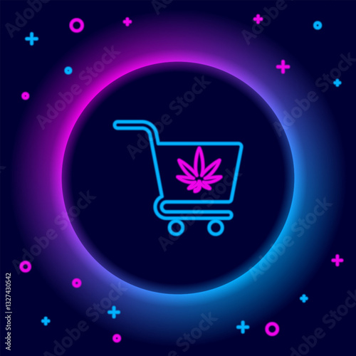 Glowing neon line Shopping cart with marijuana or cannabis leaf icon isolated on black background. Online buying. Delivery service. Supermarket basket. Colorful outline concept. Vector