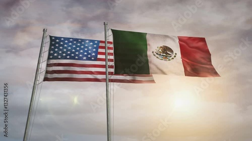 Mexico and USA waving flags. Mexican and American banners blowing in the wind animation.