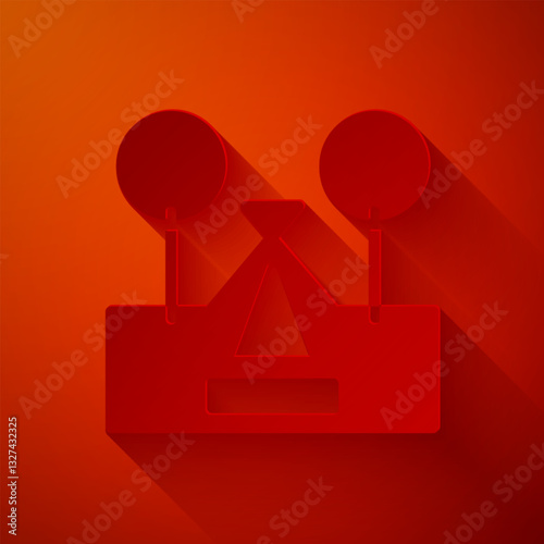 Paper cut Tourist tent icon isolated on red background. Camping symbol. Paper art style. Vector