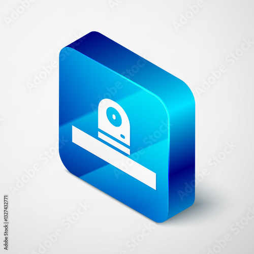 Isometric Security camera icon isolated on grey background. Blue square button. Vector