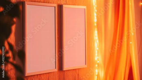 Minimalist home decor with two white frames on textured wall and warm lighting atmosphere