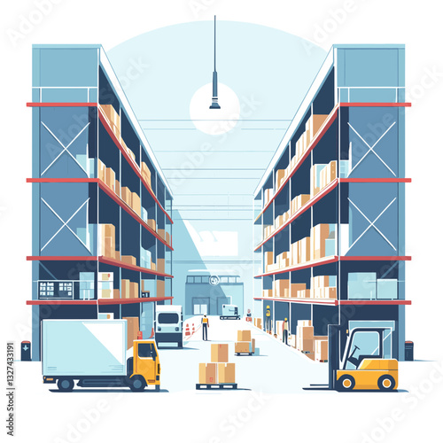 Interior of a modern warehouse with trucks and pallets for logistics operations