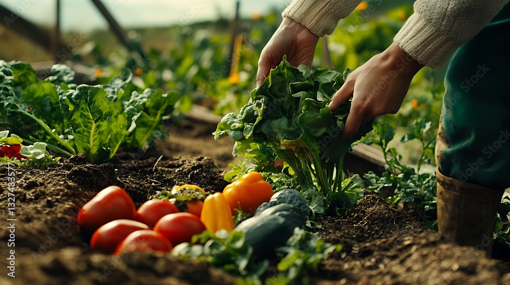Fototapeta premium A gardener picking fresh vegetables from an organic garden on Earth Day. 