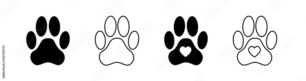 Paw print of a dog or cat. Footprint pet. Black lines animal prints isolated on white background. Tiger paws. Cute canine pattern. Puppy track. Feline step outline. Kitten leg. Vector illustration Paw print of a dog or cat. Footprint pet. Black lines animal prints isolated on white background. Tiger paws. Cute canine pattern. Puppy track. Feline step outline. Kitten leg. Vector illustration