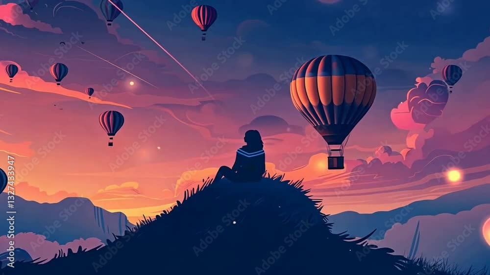 Meditation auf Hügel mit Heißluftballons am Himmel