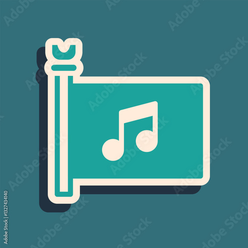Green Music festival, access, flag, music note icon isolated on green background. Long shadow style. Vector