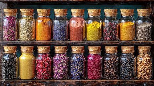 Fototapeta Naklejka Na Ścianę i Meble -  Aromatic Spice Collection in Glass Jars on Wooden Shelf,  Organized Spices and Herbs, Colorful Seasoning Assortment for Cooking and Baking