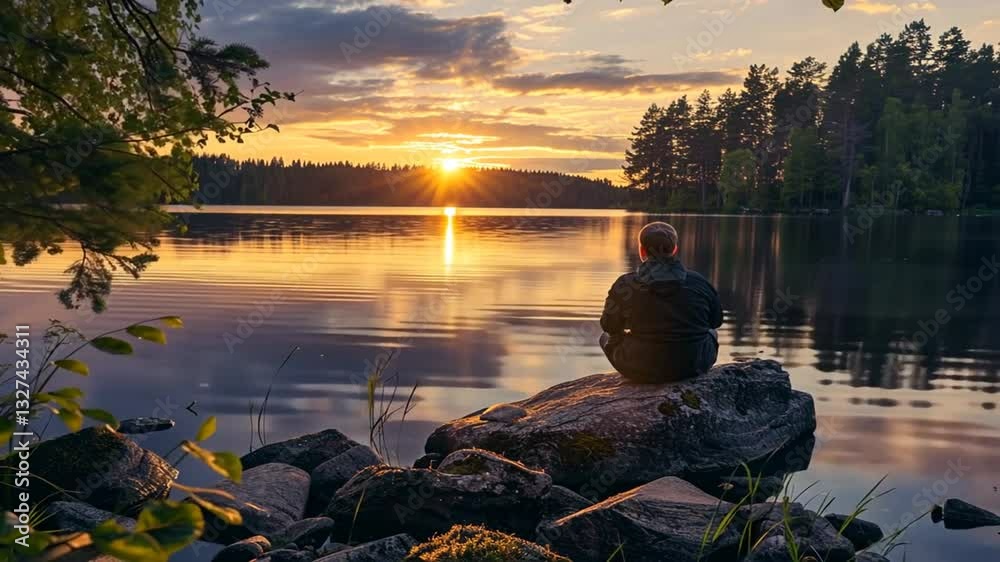Meditation am ruhigen See bei goldenem Sonnenuntergang