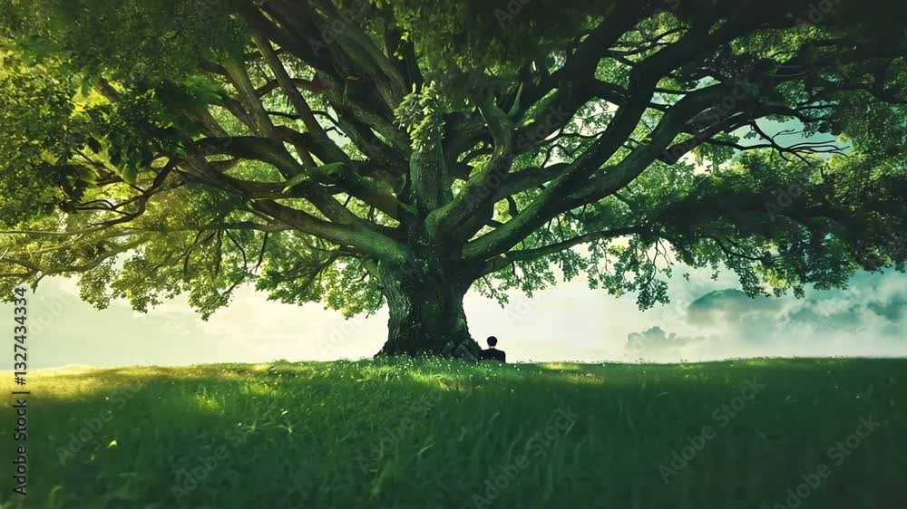 Meditation unter einem großen Baum bei Sonnenaufgang