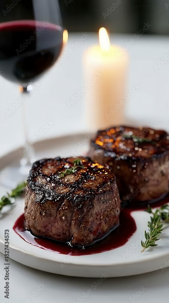 A plate of gourmet steak accompanied by a glass of red wine artistically presented for a luxurious dining experience A plate of gourmet steak accompanied by a glass of red wine artistically presented for a luxurious dining experience