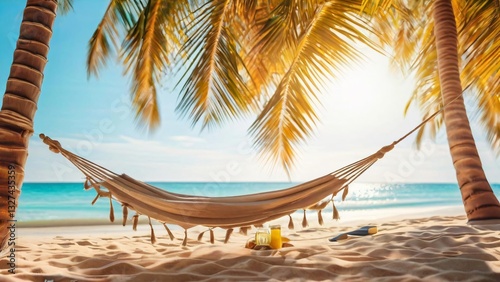 Hammock and Cocktail on a Sunny Ocean Shore Illustration for World Laziness Day and World Cocktail Day