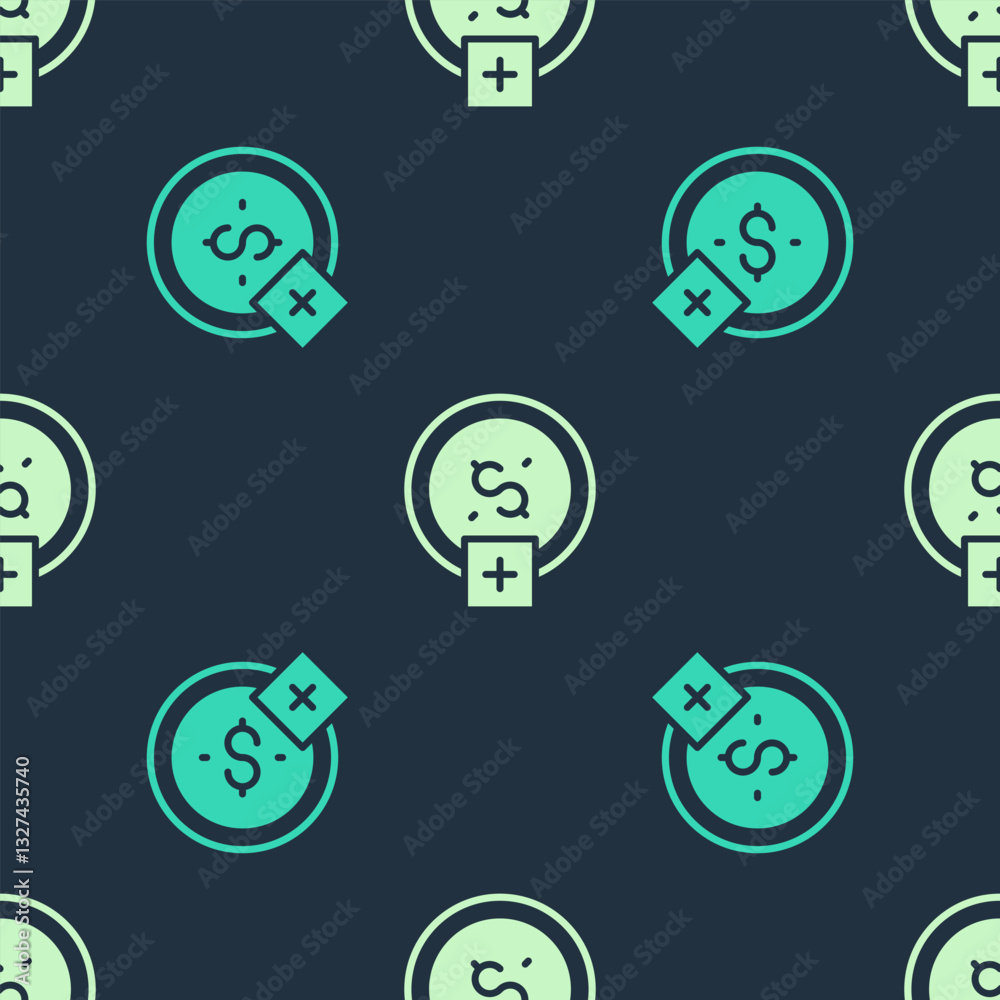 Fototapeta premium Green and beige Stop smoking, money saving icon isolated seamless pattern on blue background. Quit smoking to save money. Vector