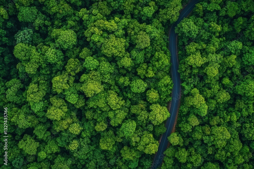 Aerial view of dense forest with a curved road symbolizing carbon capture, eco-friendly travel, and the role of forests in carbon neutrality and sustainability Aerial view of dense forest with a curved road symbolizing carbon capture, eco-friendly travel, and the role of forests in carbon neutrality and sustainability