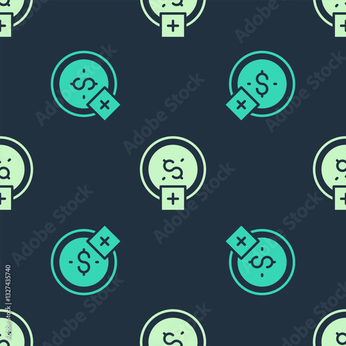 Green and beige Stop smoking, money saving icon isolated seamless pattern on blue background. Quit smoking to save money. Vector