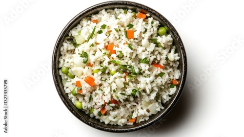 Overhead shot of a savory rice dish with vegetables in a ceramic bowl photo