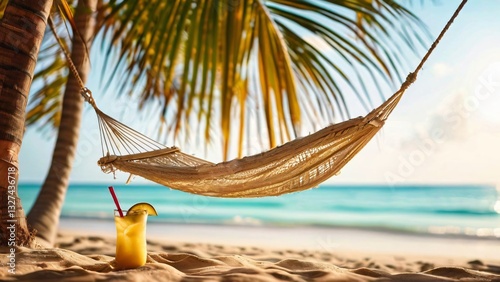 Hammock and Cocktail on a Sunny Ocean Shore Illustration for World Laziness Day and World Cocktail Day