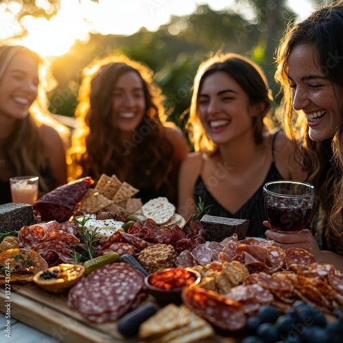 Group of friends enjoying a beautiful sunset party with a delicious charcuterie board and lively conversation