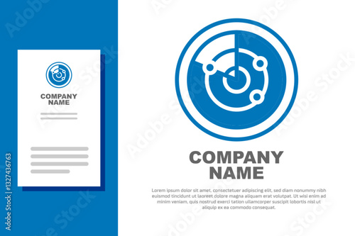 Blue Radar with targets on monitor in searching icon isolated on white background. Search system. Navy sonar. Logo design template element. Vector