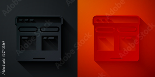 Paper cut Online translator icon isolated on black and red background. Foreign language conversation icons in chat speech bubble. Translating concept. Paper art style. Vector