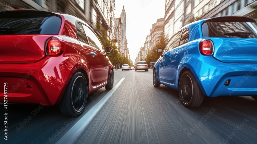 Fototapeta premium Red and blue compact cars moving at high speed on an asphalt city road, illustrating urban transport during rush hour and highlighting the implications of fuel consumption