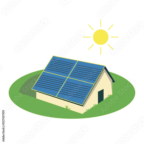 A house with four blue solar panels on its roof stands amid green grass and a radiant yellow sun. This image highlights sustainable living and clean energy.