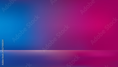 Empty studio with blue and red gradient neon lights backdrop or background. Room with colorful wallpaper and floor for product display or dance prop.
