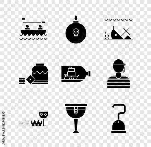 Set Boat with oars, Bomb ready to explode, Sunken ship, Treasure and riches, Wooden pirate leg, Pirate hook, game dice and Bottle inside icon. Vector