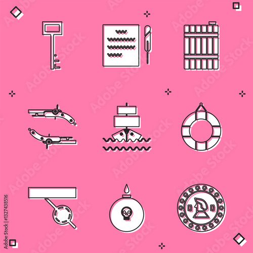 Set Pirate key, Feather pen and scroll, Wooden barrel, Vintage pistols, Ship, Lifebuoy, eye patch and Bomb ready explode icon. Vector