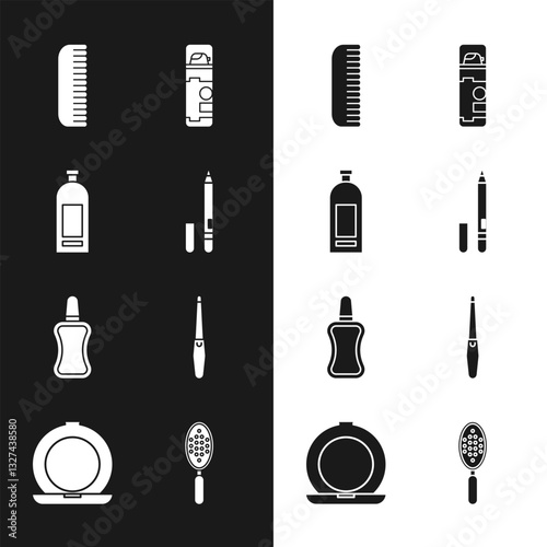 Set Eyeliner, eyebrow, Bottle of shampoo, Hairbrush, Shaving gel foam, Nail polish bottle, file, and Makeup powder with mirror icon. Vector